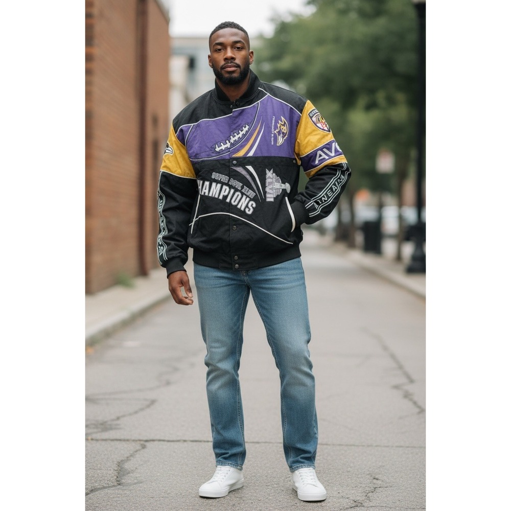 Baltimore Ravens Super Bowl XLVII Champions Bomber Jacket Mens Large‎ Black Logo